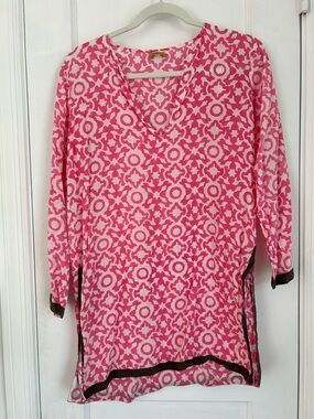 Roberta Roller Rabbit Pink and White V-Neck Tunic with Brown Trim Size Small